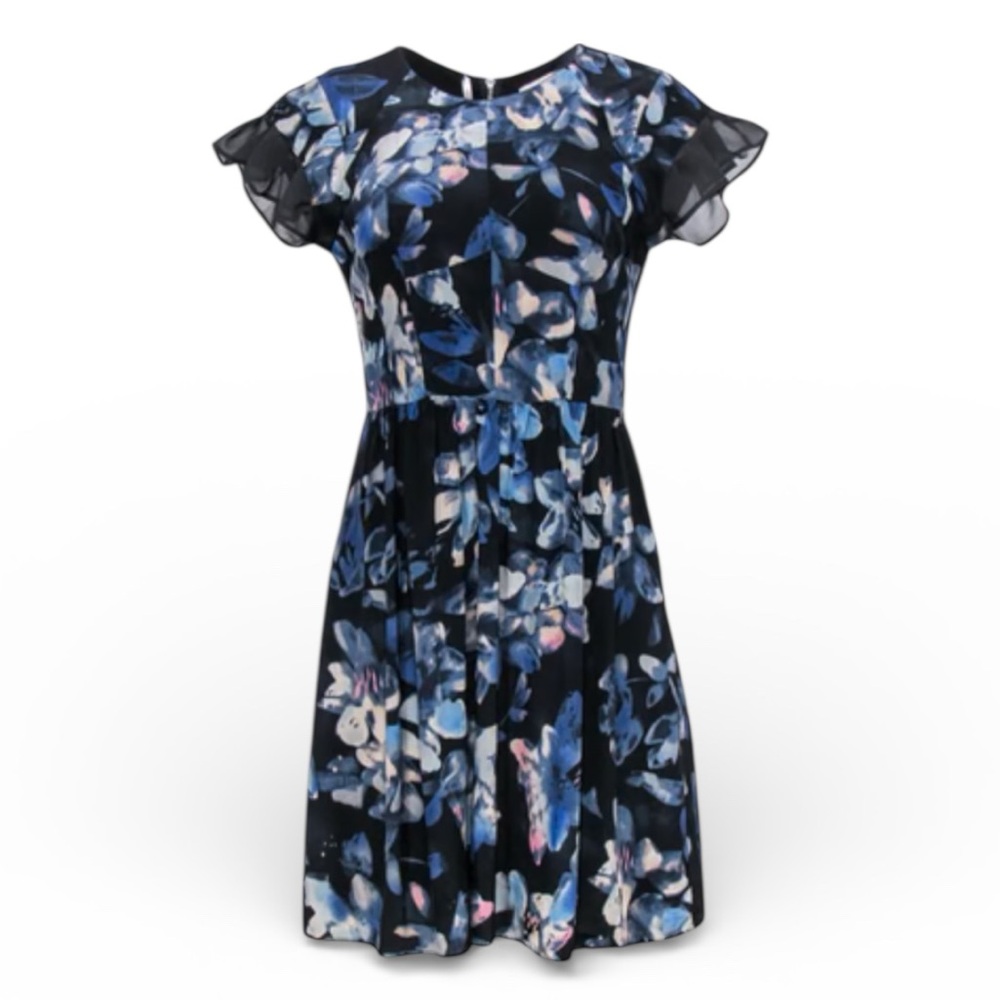 Rebecca Taylor Watercolor Floral Silk Flutter Sleeve Dress